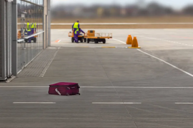 lost purple suitcase on airport tarmac with workers in the background